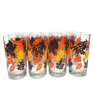 RARE Vintage Set Of 12 MCM Libbey Crisa Fall Leaves 16oz. Highball Glass Cups